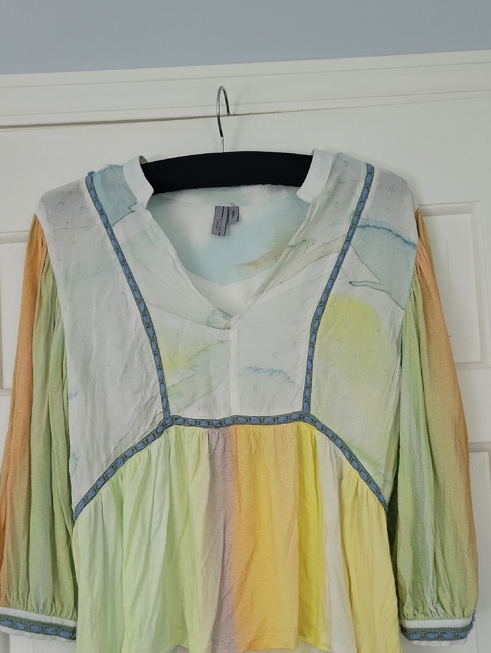 Anthro Boho Pastel Peasant Blouse with Embroidered Trim Small Like New